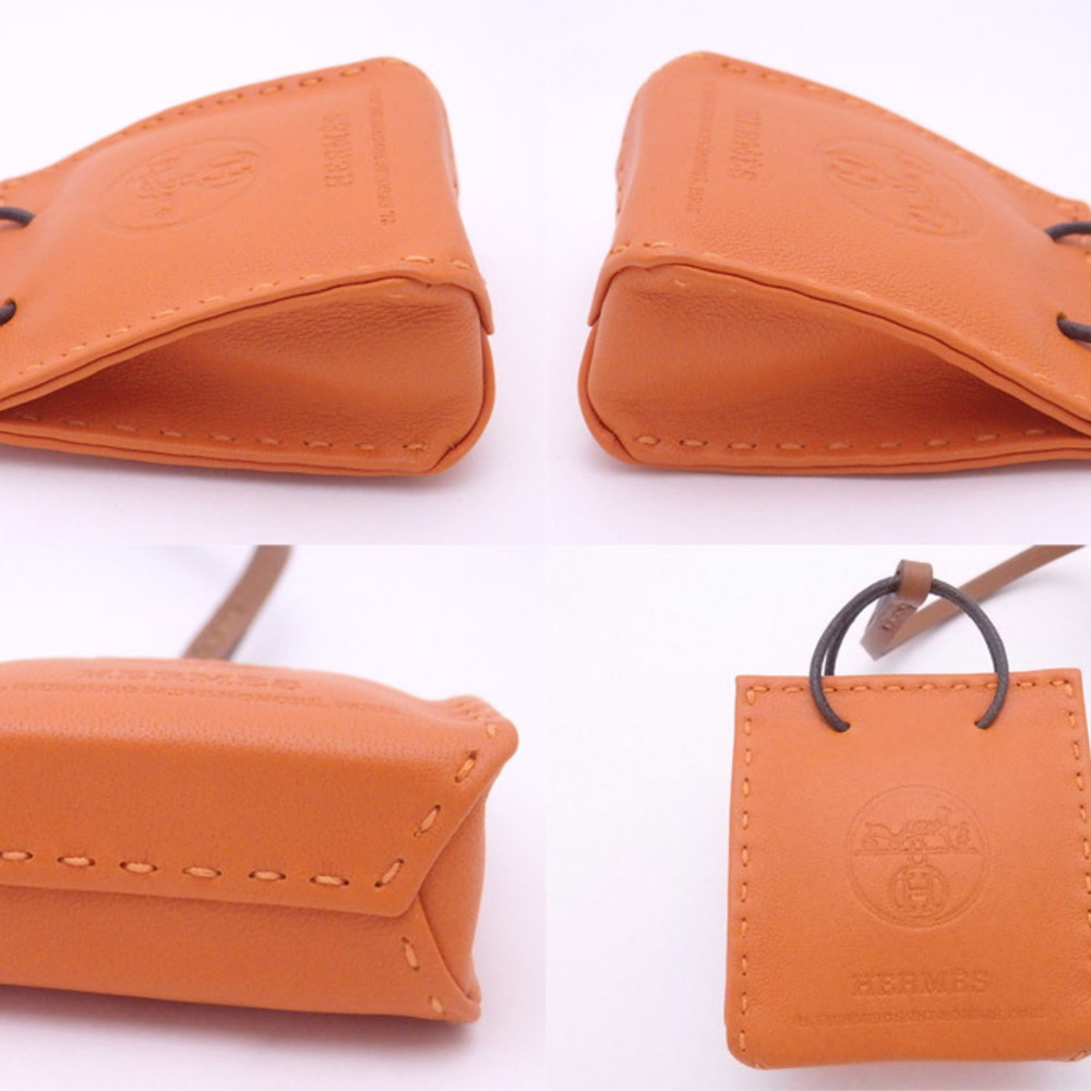 Hermes Bag Charm Sack Orange Brown Leather Women's Men's - Picture 2 of 3